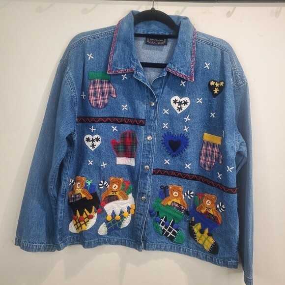 New Directions denim Christmas bear jacket size large - Picture 1 of 4